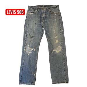 Levi's 505 33x30 Distressed Paint Stains Torn, Ripped, Trashed Holes Fray